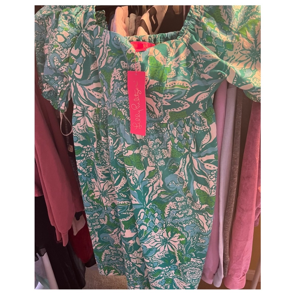Lilly Pulitzer Green and White Floral Off-Shoulder Mini Dress